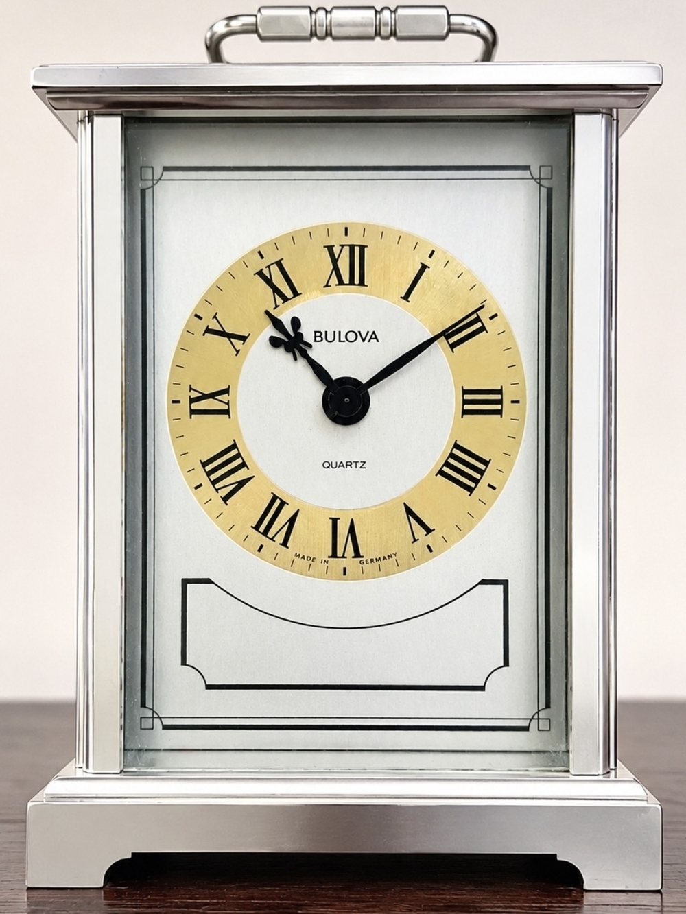 Bulova Quartz Carriage Clock Made in Germany Silver Tone Desk Mantel Clock